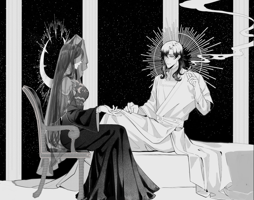 1boy, 1girl, absurdres, ancient_sun_god, animal_ears, bed, black_dress, black_hair, black_veil, chair, chinese_commentary, cigarette, commentary_request, covered_eyes, crescent_moon, dress, evernight_goddess, fingernails, gradient_hair, halo, highres, holding, holding_cigarette, indoors, long_hair, looking_at_another, lord_of_the_mysteries, monochrome, moon, multicolored_hair, on_bed, pillar, robe, sitting, smoke, smoking, space, star_(sky), tingke, white_robe, wolf_ears, wolf_girl