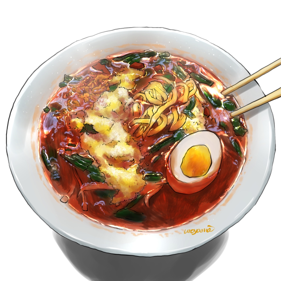 bowl, chopsticks, egg, food, food_focus, no_humans, noodles, original