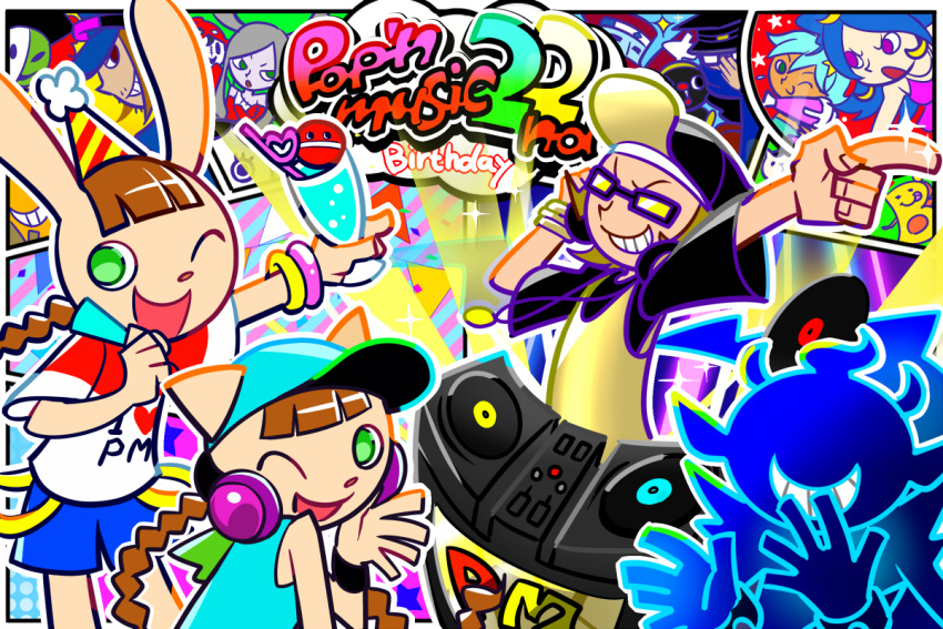 4boys, 5girls, adjusting_eyewear, anniversary, b-kun_(pop'n_music), baseball_cap, blue_eyes, blue_hair, border, braid, brown_hair, cat_girl, copyright_name, dark-skinned_female, dark_skin, facial_hair, glasses, gleam, green_eyes, grin, hat, manomarino, mimi_(pop'n_music), mr._kk, multiple_boys, multiple_girls, mzd, ninja, nyami_(pop'n_music), open_mouth, pointing, pop'n_music, rabbit_girl, ryuusei_honey, smile, stage_lights, stitches, suisei_laura, turntable, twin_braids, twintails, violet_eyes, white_border