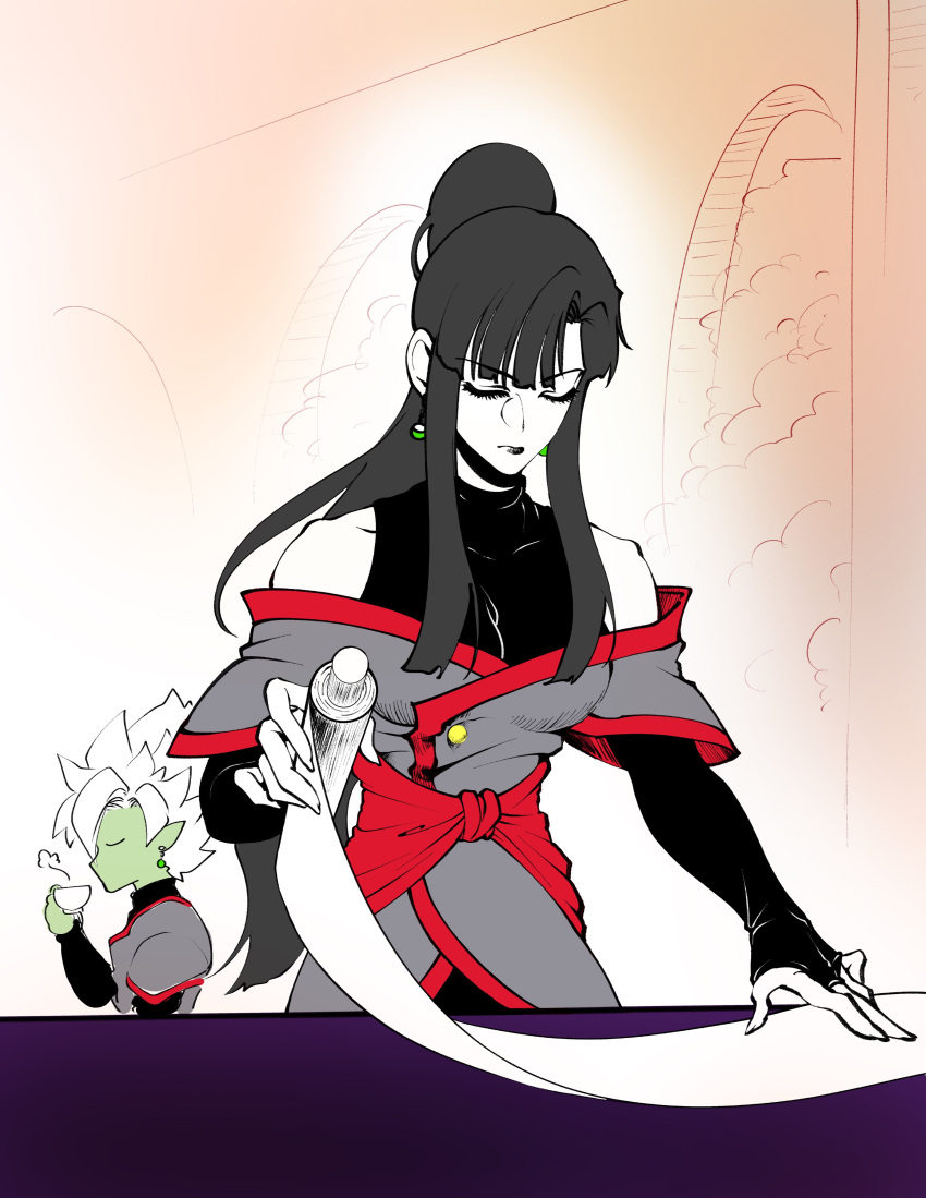 absurdres, alternate_costume, alternate_form, black_hair, chi-chi_(dragon_ball), clinrollmuri, colored_skin, commentary