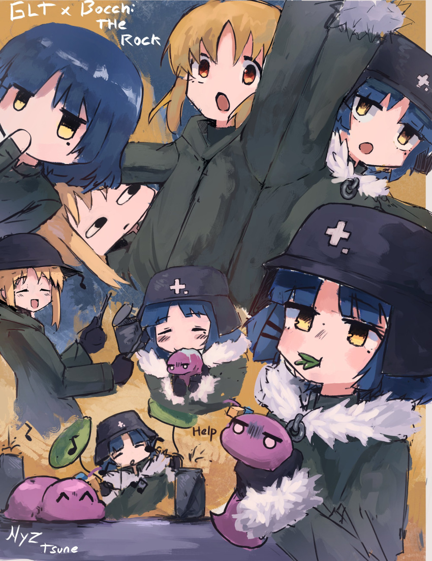 2girls, ^_^, absurdres, black_gloves, blonde_hair, blue_hair, bocchi_the_rock!, chito_(shoujo_shuumatsu_ryokou)