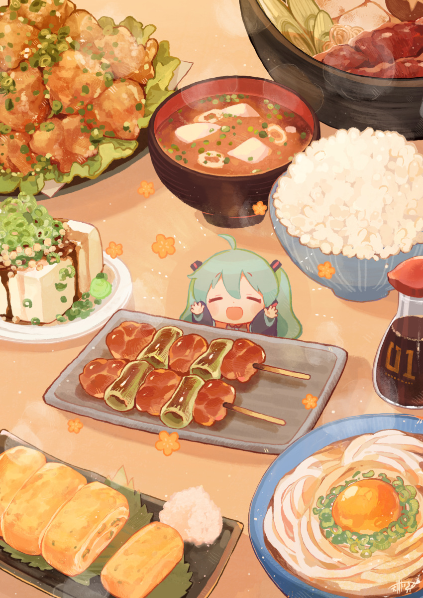 1girl, absurdres, amakawa_tamawo, aqua_hair, bowl, chibi, closed_eyes, food