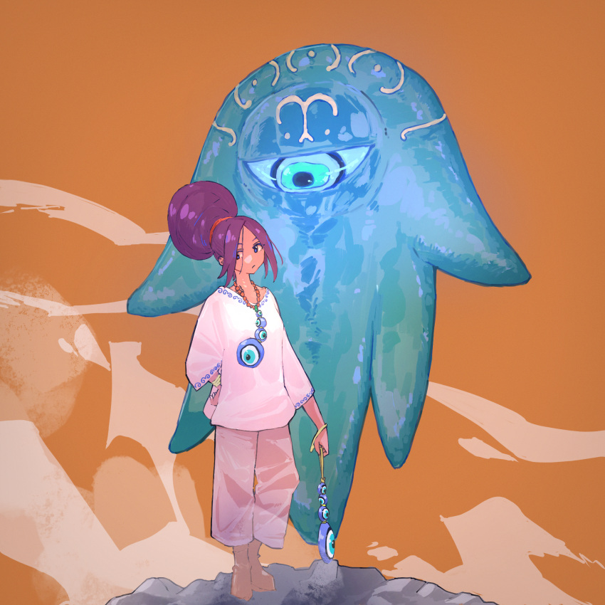 1girl, blue_eyes, boots, brown_footwear, expressionless, fantasy, glowing, glowing_eye, grey_pants, hair_bun, hamsa, hand_on_own_hip, highres, jewelry, long_sleeves, looking_at_viewer, nazar_(amulet), necklace, orange_background, original, pants, shirt, single_hair_bun, solo, standing, steam, white_shirt, wide_shot, yuh2532