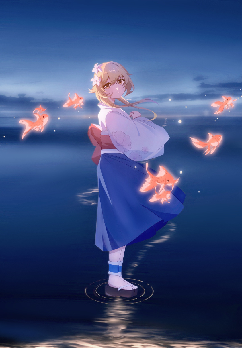 1girl, absurdres, animal, black_footwear, blonde_hair, blue_skirt, blush, brown_eyes, clouds, commentary_request, euzh266, fish, flower, from_side, genshin_impact, hair_between_eyes, hair_flower, hair_ornament, highres, japanese_clothes, kimono, long_hair, long_sleeves, lumine_(genshin_impact), outdoors, pantyhose, ripples, sidelocks, skirt, solo, standing, standing_on_liquid, sunrise, water, white_flower, white_kimono, white_pantyhose, wide_sleeves, zouri