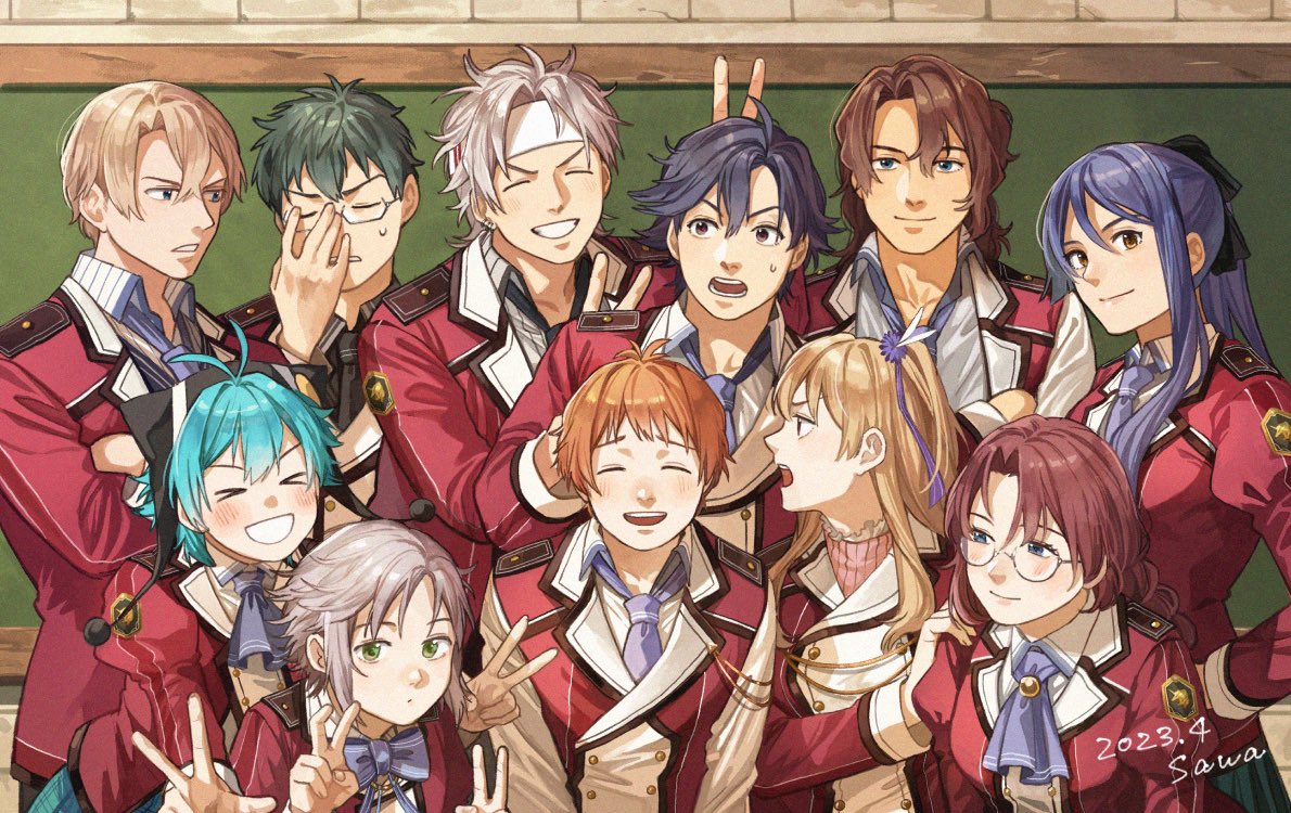 5girls, 6+boys, ahoge, alisa_reinford, black_hair, blonde_hair, blue_eyes, blue_hair, bow, brown_eyes, brown_hair, chalkboard, closed_eyes, crow_armbrust, eiyuu_densetsu, elliot_craig, emma_millstein, fie_claussell, flower, gaius_worzel, glasses, green_eyes, green_hair, group_picture, hair_between_eyes, hair_bow, hair_flower, hair_ornament, hand_on_eyewear, headband, jacket, jusis_albarea, laura_s._arseid, long_hair, looking_at_viewer, machias_regnitz, millium_orion, mullet, multiple_boys, multiple_girls, necktie, open_mouth, orange_hair, ponytail, rean_schwarzer, sawaponu3, sen_no_kiseki, short_hair, skirt, smile, thors_military_academy_class_vii_uniform, twintails, uniform, v, v_over_head, white_hair