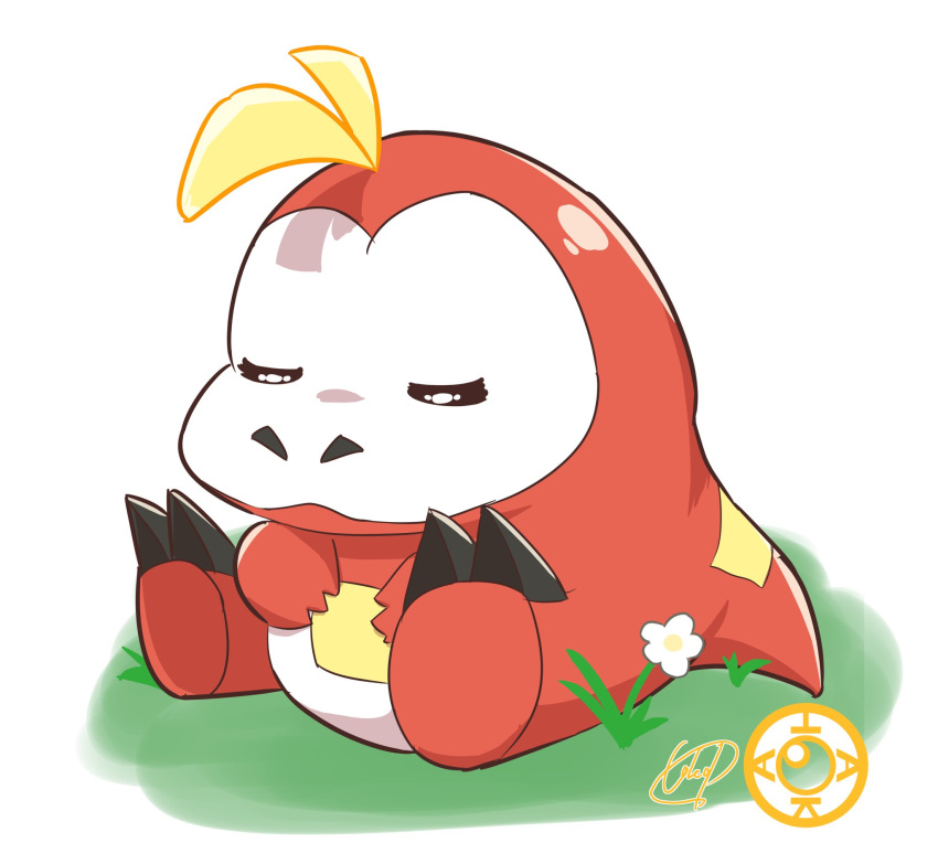 =_=, ahoge, blonde_hair, flower, fuecoco, grass, highres, on_ground, pokemon, simple_background, sitting, sleeping, tail, takap_oekaki, white_background