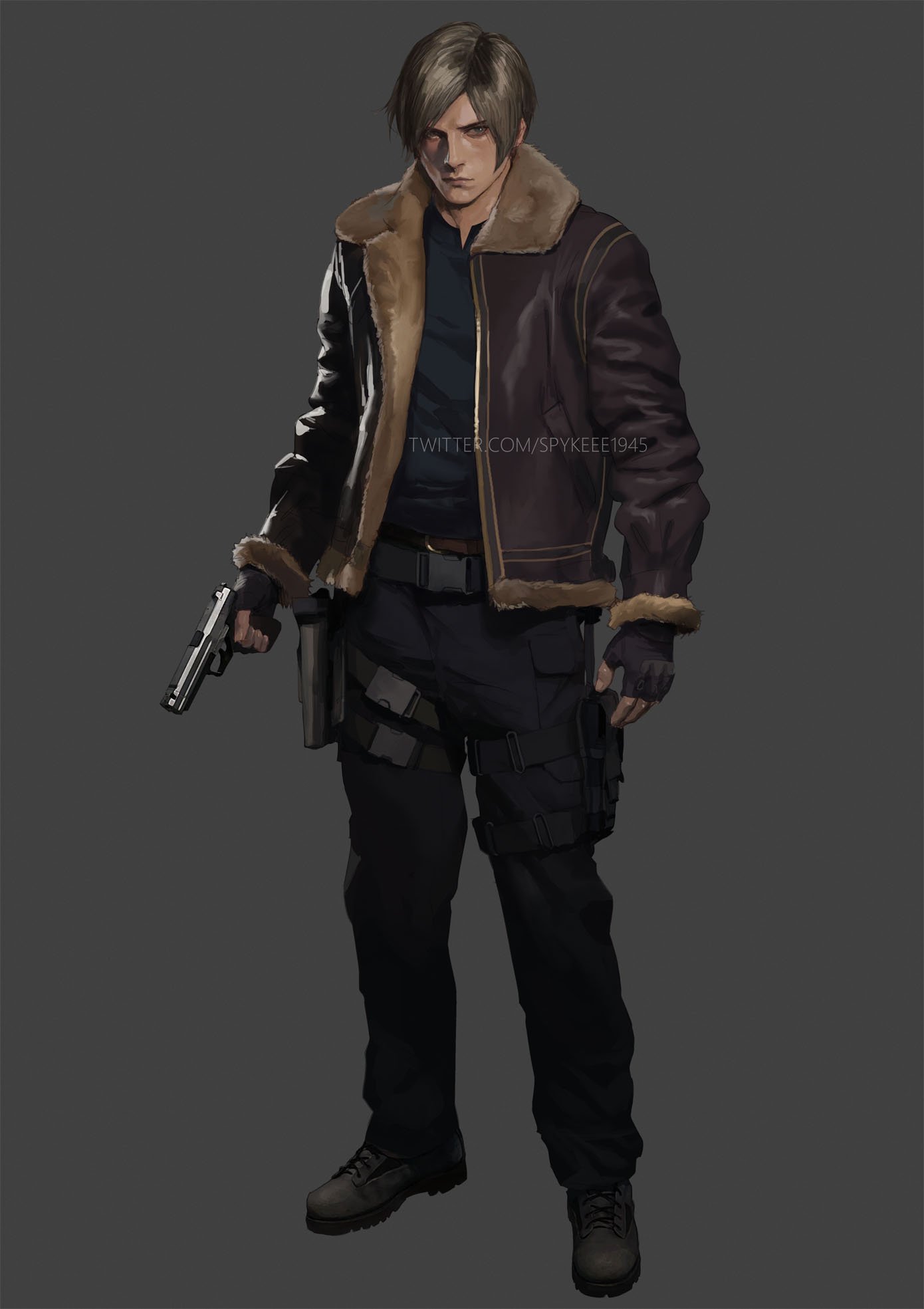 1boy, belt, black_pants, black_shirt, blonde_hair, brown_footwear, brown_jacket, closed_mouth