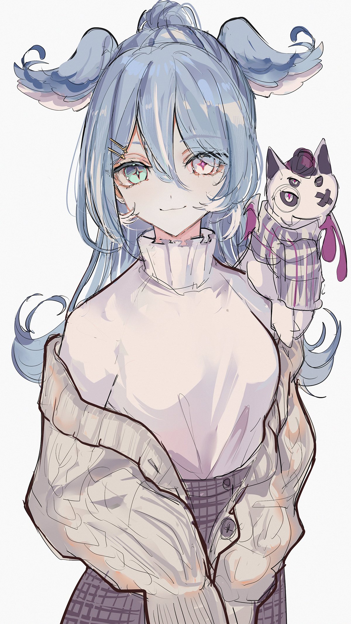 1girl, blue_eyes, blue_hair, blue_wings, brown_cardigan, brown_skirt, butterfly_earrings, buttons