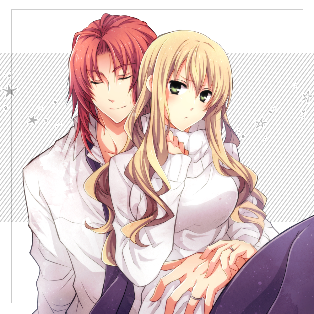 1boy, 1girl, ao_no_kiseki, blonde_hair, curly_hair, eiyuu_densetsu, green_eyes, hajimari_no_kiseki