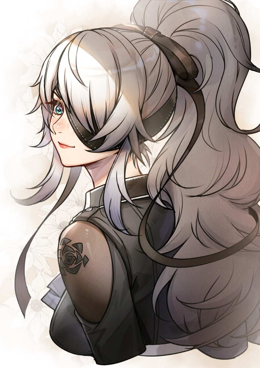 1girl, absurdres, arm_tattoo, bare_shoulders, black_dress, black_ribbon, blue_eyes, breasts