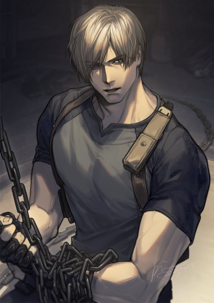 1boy, black_gloves, black_shirt, blonde_hair, blue_eyes, chain, chained, dated