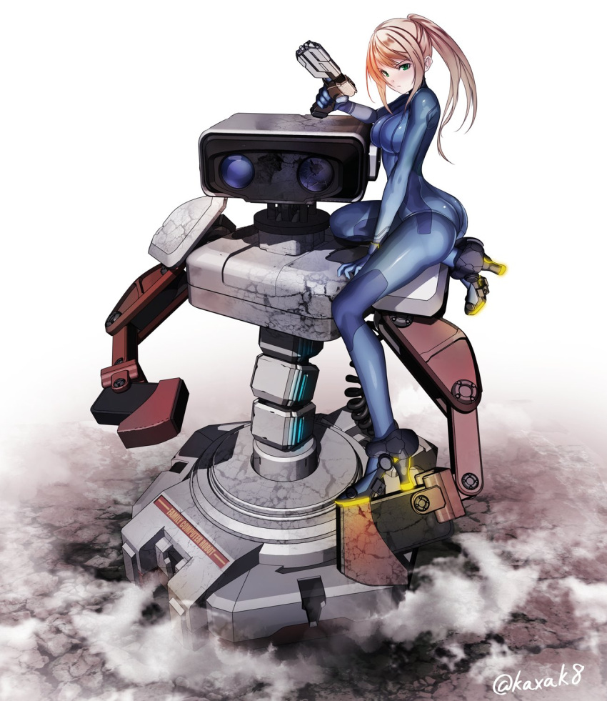 1girl, artist_name, ass, blonde_hair, blue_bodysuit, bodysuit, breasts, family_computer_robot, glowing_shoe_soles, gun, highres, kakizaka_hachishika, long_hair, looking_at_viewer, metroid, ponytail, robot, samus_aran, super_smash_bros., weapon