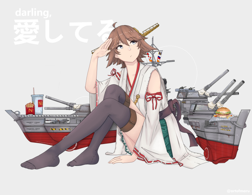 1girl, absurdres, anti-aircraft, anti-aircraft_gun, bananamaru, bare_shoulders, black_thighhighs, brown_hair