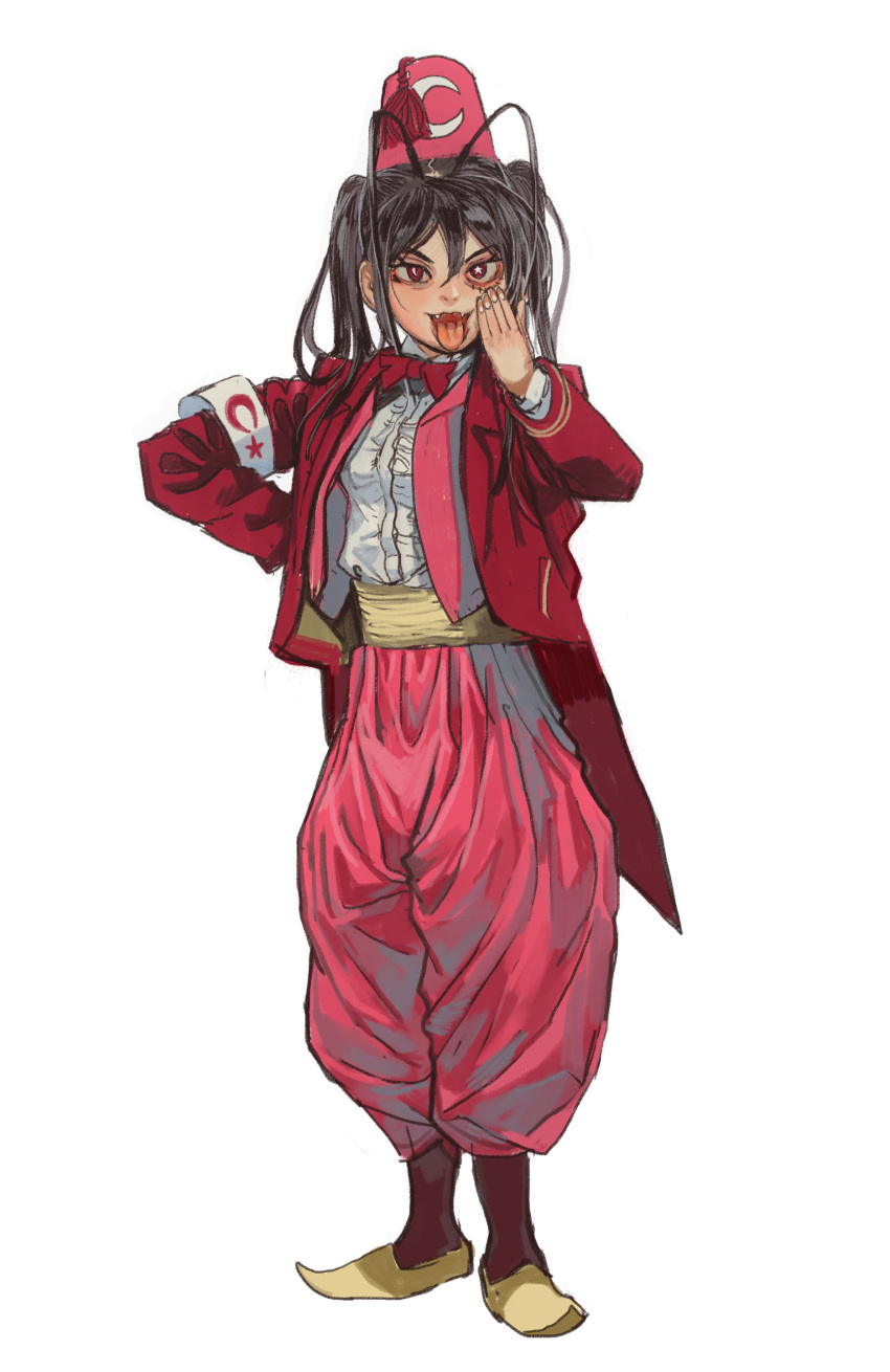 1girl, absurdres, antenna_hair, bow, bowtie, brown_hair, crescent_print, fez_hat