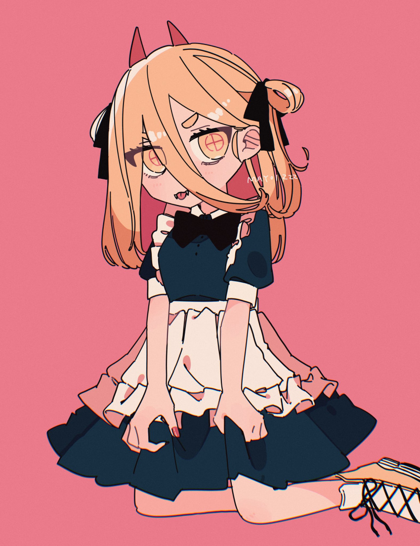 1girl, apron, black_bow, black_bowtie, blue_dress, bow, bowtie, chainsaw_man