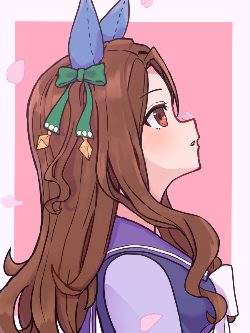 1girl, absurdres, animal_ears, border, bow, brown_hair, cherry_blossoms, commentary_request
