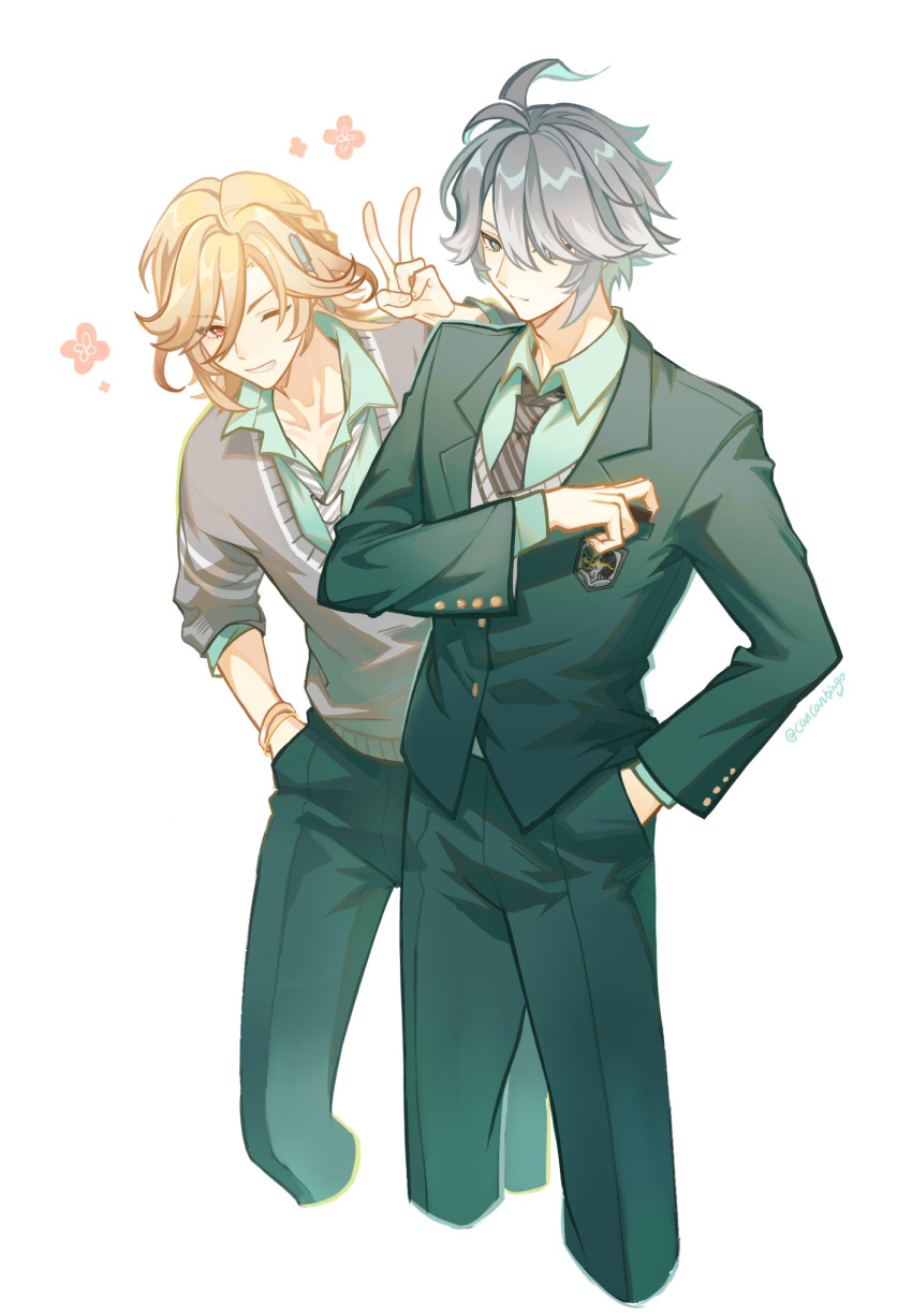 2boys, ahoge, alhaitham_(genshin_impact), alternate_costume, blonde_hair, bracelet, braid, buttons, cancanbingo, closed_mouth, collarbone, feet_out_of_frame, formal, genshin_impact, green_pants, green_shirt, green_suit, grey_hair, hair_between_eyes, hair_over_one_eye, hand_in_pocket, highres, jewelry, kaveh_(genshin_impact), looking_at_viewer, medium_hair, multiple_boys, one_eye_closed, pants, shirt, simple_background, smile, standing, suit, tuxedo, v, v-shaped_eyebrows, white_background