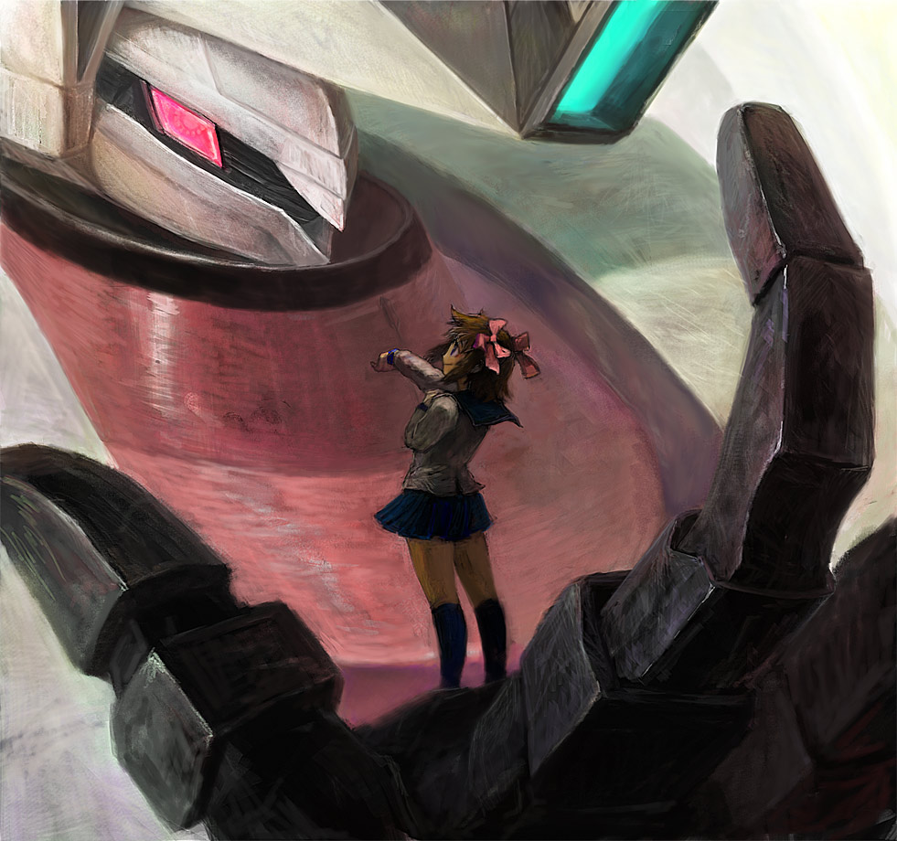 amami_haruka, hair_ribbon, idolmaster, idolmaster_xenoglossia, imber, mecha, ribbon, school_uniform