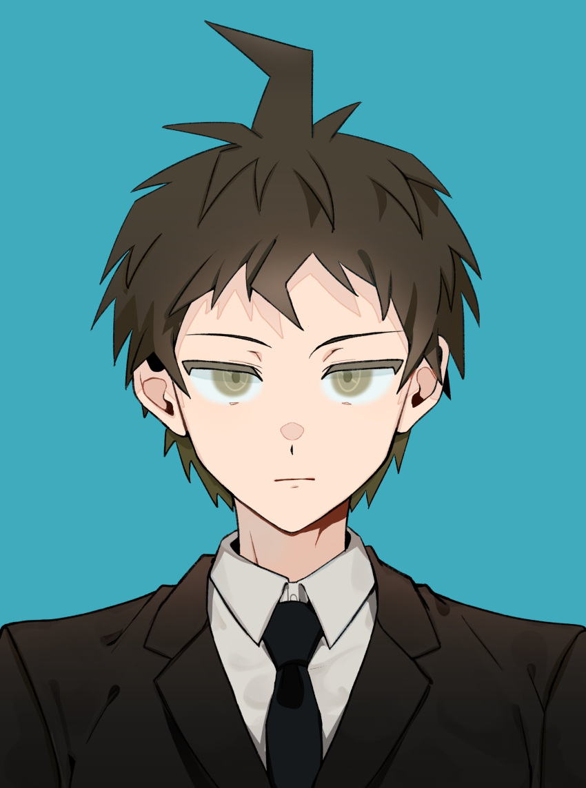 1boy, absurdres, ahoge, black_jacket, black_necktie, brown_eyes, brown_hair, closed_mouth, collared_shirt, danganronpa_(series), danganronpa_3_(anime), green_background, highres, hinata_hajime, jacket, looking_at_viewer, male_focus, necktie, okamotoo, shirt, short_hair, simple_background, solo