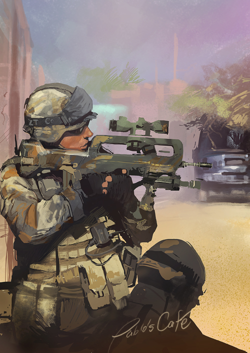 bullpup, famas, gun, helmet, military, military_uniform, pablo, realistic, rifle, scope, signature, uniform, weapon