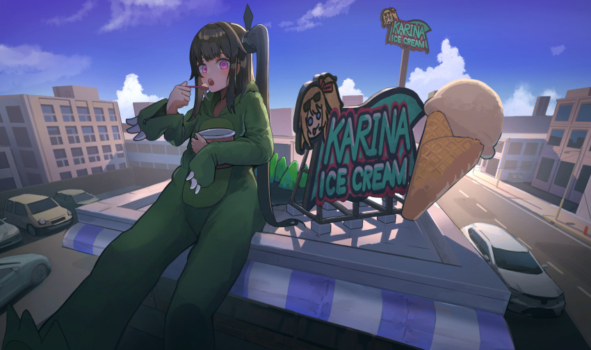1girl, alternate_costume, animal_costume, architect_(girls'_frontline), black_hair, bucket, car, commission