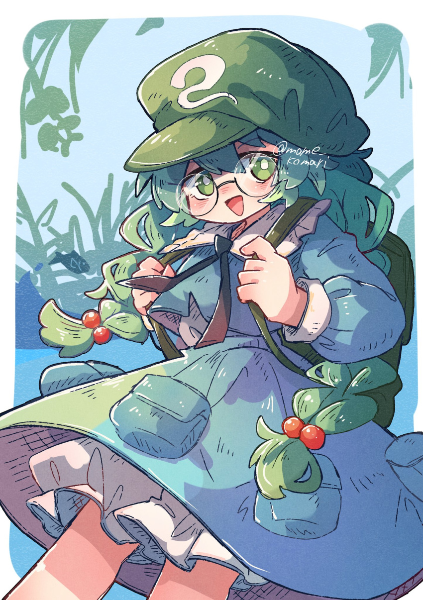 1girl, :d, backpack, bag, bloomers, blue_shirt, blue_skirt, braid