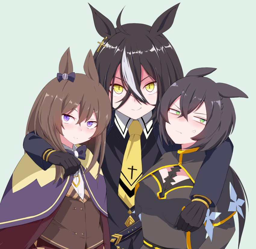 3girls, ahoge, anger_vein, animal_ears, arm_around_neck, belt, black_belt, black_capelet, black_gloves, black_hair, blue_bow, blue_bowtie, bow, bowtie, braid, brown_hair, capelet, cloak, commentary, cross, cross_earrings, crown_braid, deep_impact_(umamusume), ear_bow, earrings, genderswap, genderswap_(mtf), gloves, gold_trim, green_background, green_eyes, grey_hair, hair_between_eyes, highres, horse_ears, horse_girl, jewelry, kin'iro_ryotei_(umamusume), looking_at_viewer, multicolored_hair, multiple_girls, necktie, okumari, original, personification, purple_bow, purple_cloak, sideways_glance, single_earring, streaked_hair, sunday_silence_(racehorse), two-tone_hair, umamusume, upper_body, v-shaped_eyebrows, violet_eyes, yellow_eyes, yellow_necktie