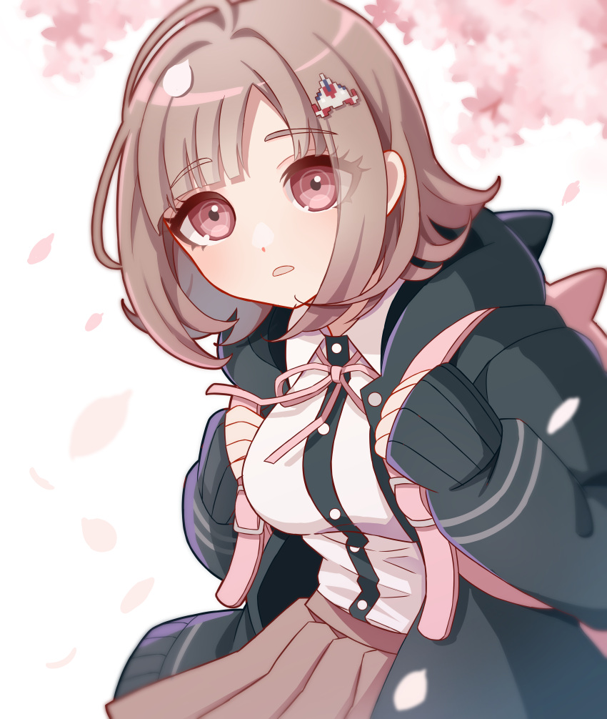 1girl, absurdres, ahoge, animal_bag, backpack, bag, black_shirt, blush