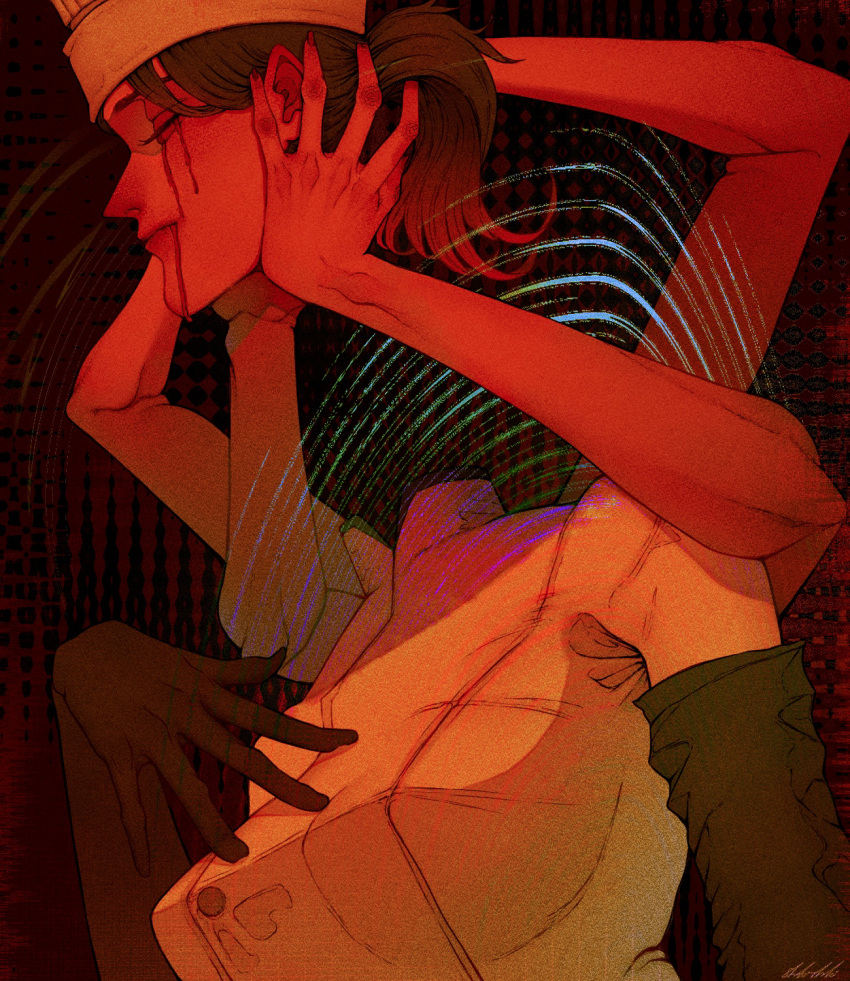 1girl, arthropod_limbs, black_gloves, black_hair, blood, blood_from_eyes, blood_from_mouth, breasts