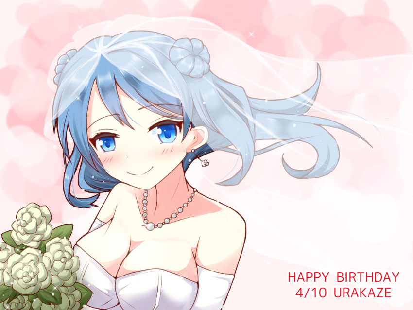 1girl, birthday, blue_eyes, blue_hair, blush, breasts, bridal_veil, character_name, detached_sleeves, double_bun, english_text, flower, hair_bun, hair_raising, happy_birthday, highres, holding, holding_flower, jewelry, kantai_collection, long_hair, looking_at_viewer, necklace, sawatani_(chevalier_04056), smile, urakaze_(kancolle), veil