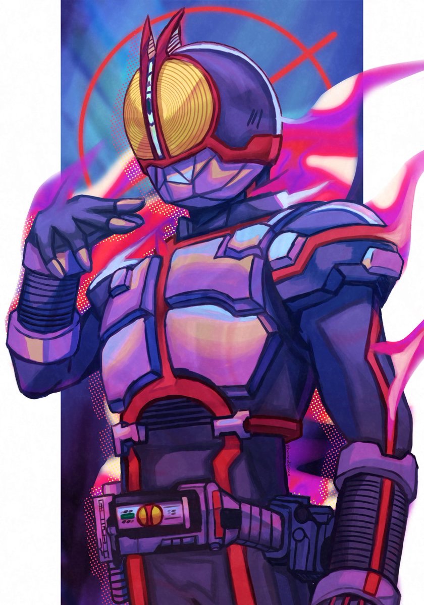 1boy, anniversary, armor, belt, burmeoburmeo, dark, demon_tail, dorsal_fin, english_commentary, faiz, faiz_driver, glowing, glowing_eyes, glowing_lines, helmet, highres, kamen_rider, kamen_rider_555, kamen_rider_faiz, male_focus, neon_trim, rider_belt, sharp_teeth, solo, tail, teeth, tokusatsu, upper_body