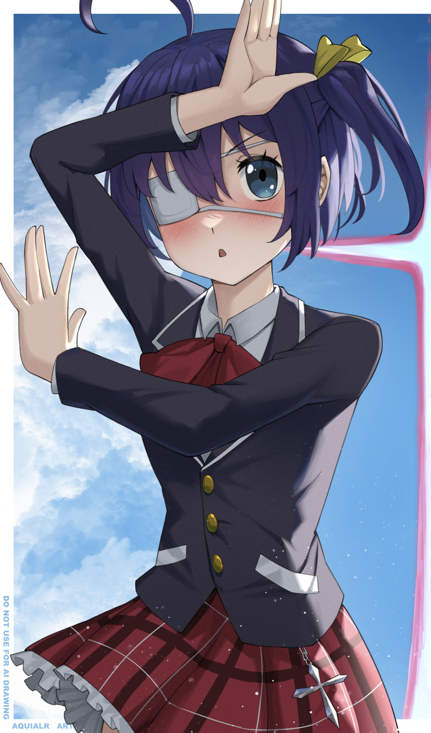 1girl, :o, absurdres, ahoge, aquilar, arm_up, black_jacket, blush