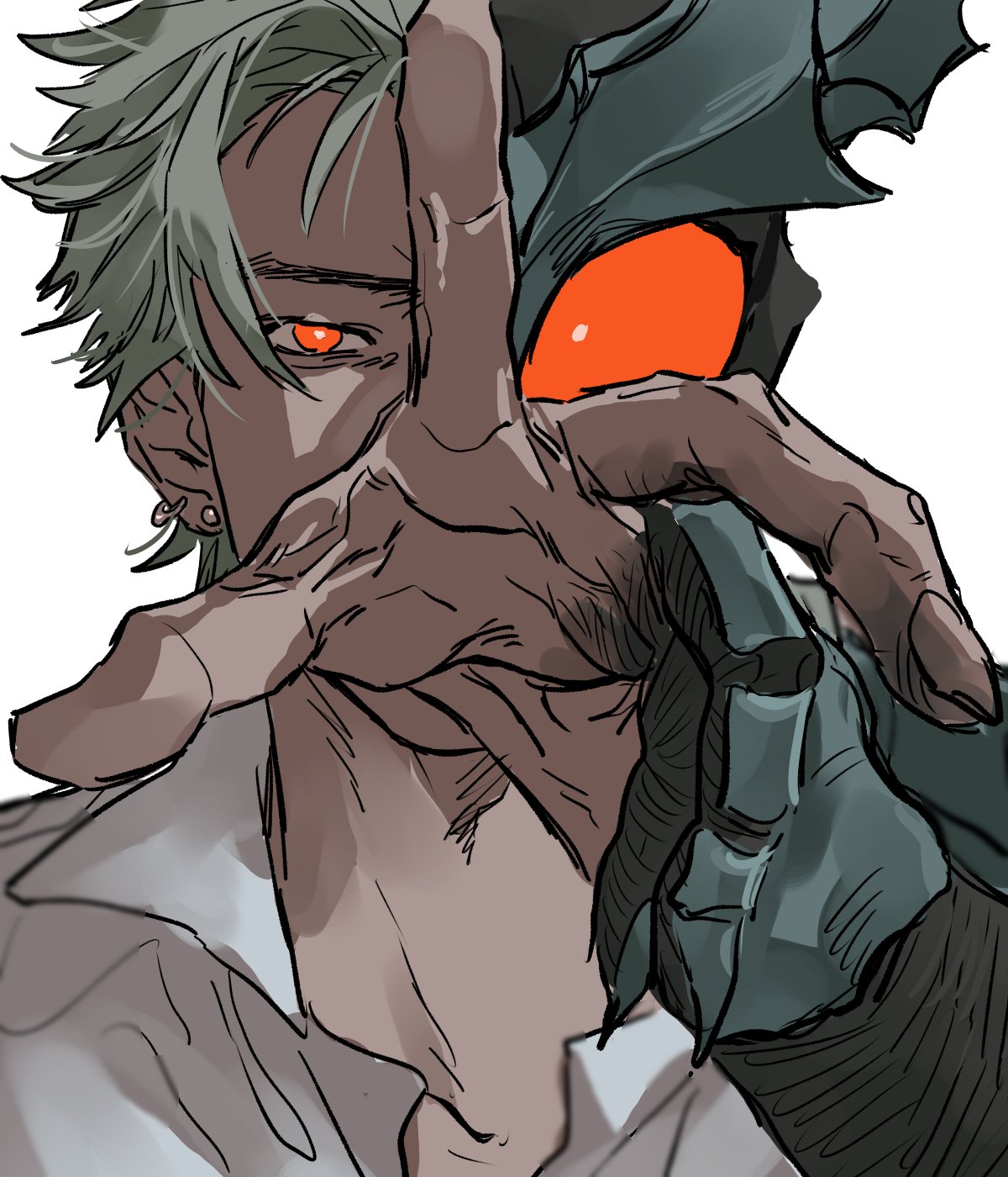 1boy, ashihara_ryo, bbbb_fex, blonde_hair, commentary, crying, ear_piercing, green_armor, hand_up, highres, kamen_rider, kamen_rider_agito_(series), kamen_rider_gills, male_focus, piercing, red_eyes, shirt, smile, solo, spiky_hair, split, transformation, white_shirt