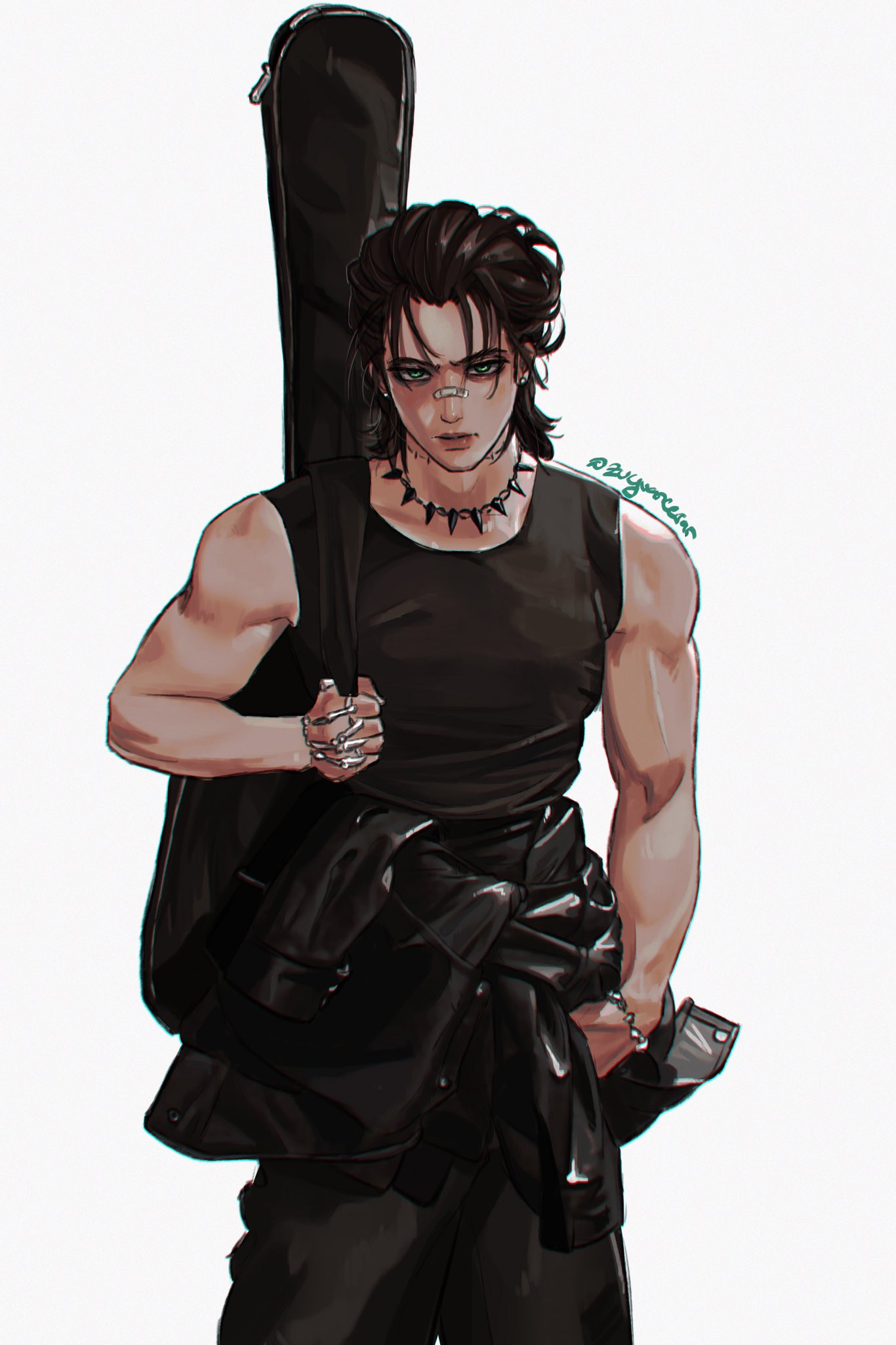1boy, artist_name, bandaid, bandaid_on_face, bandaid_on_nose, bare_arms, black_jacket, black_pants
