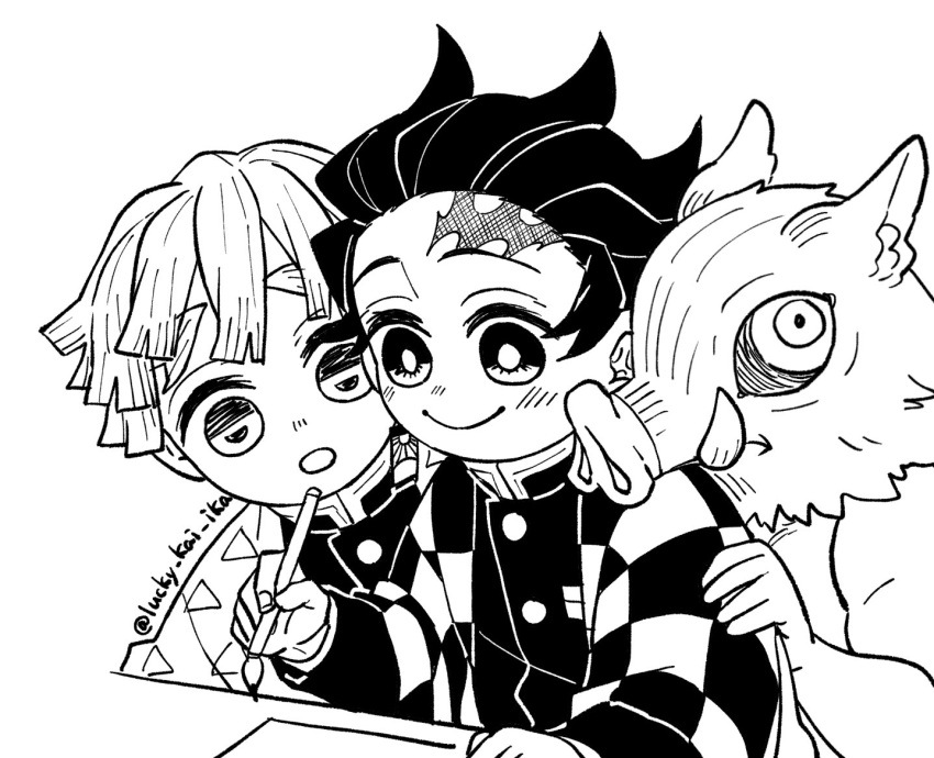 3boys, :o, agatsuma_zenitsu, boar_mask, checkered_haori, chibi, demon_slayer_uniform, greyscale