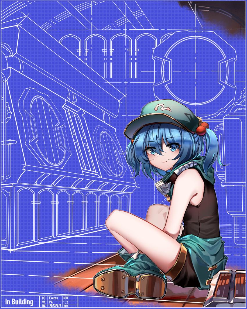 1girl, absurdres, bare_shoulders, blue_eyes, blue_hair, blueprint_(object), blueprint_background, boots