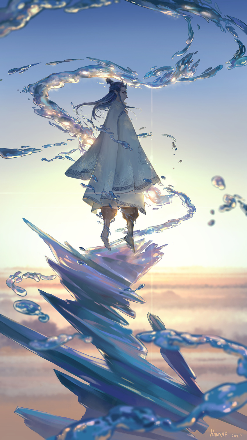 1boy, absurdres, ankle_boots, ao_bing_(nezha_zhi_motong_jiangshi), artist_name, black_pants, blue_eyes, blue_hair