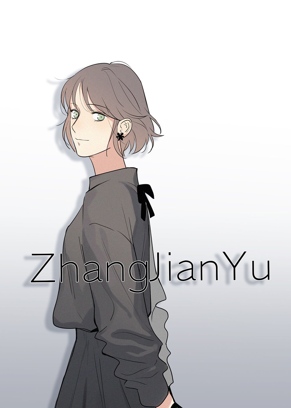 1girl, brown_hair, closed_mouth, commentary, ddjuner, earrings, gradient_background, green_eyes, here_u_are, highres, jewelry, long_sleeves, short_hair, single_earring, solo, upper_body, zhang_jian_yu