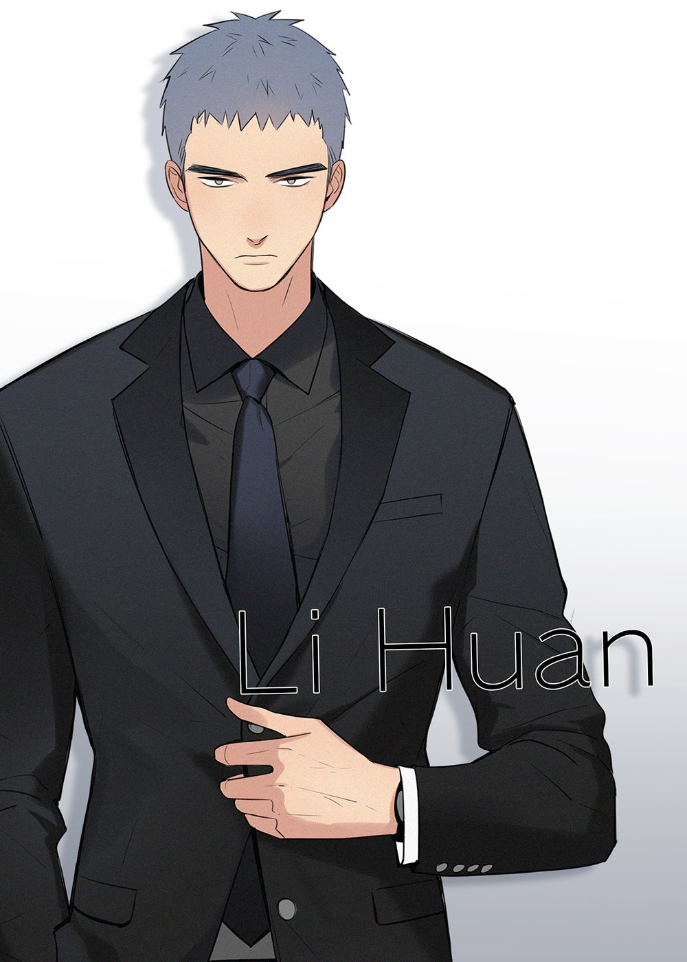 1boy, black_shirt, blue_eyes, blue_hair, breast_pocket, buttoned_cuffs, buttons, closed_mouth