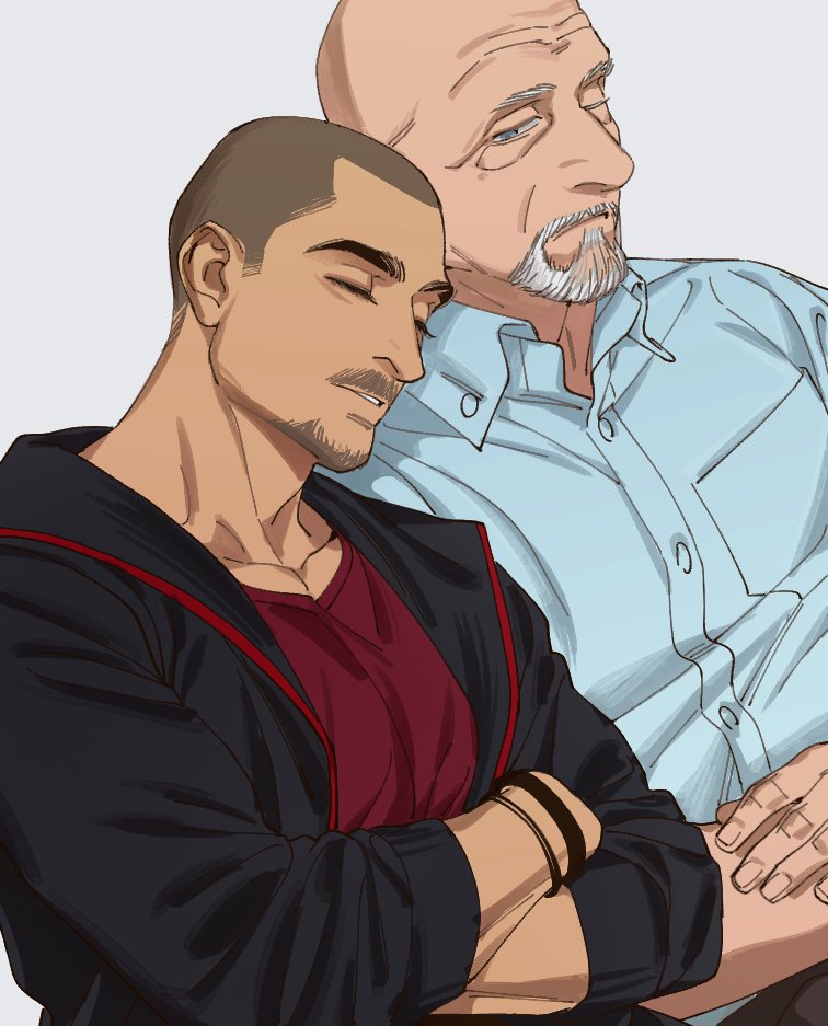 2boys, bald, beard, better_call_saul, black_jacket, black_wristband, blue_eyes, blue_shirt, breaking_bad, buzz_cut, character_request, check_copyright, collarbone, copyright_request, crossed_arms, facial_hair, for_kyrat, jacket, leaning_on_person, looking_at_another, machos_alfa, mike_ehrmantraut, multiple_boys, mustache, old, old_man, shirt, short_hair, sitting, sleeping, upper_body, very_short_hair, white_hair