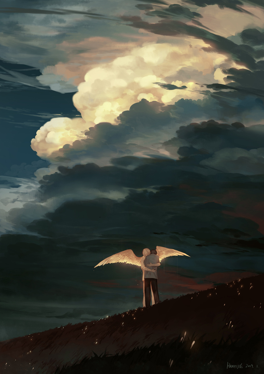 2boys, angel, artist_name, black_hair, black_shirt, brown_hair, clouds, cloudy_sky, comforting, commentary_request, covered_mouth, dated, facing_away, feathered_wings, field, flower, from_behind, han_yijie, highres, hug, light_particles, long_sleeves, male_focus, multiple_boys, nature, original, outdoors, overcast, pants, rain, sad, shirt, short_hair, sky, spread_wings, standing, white_flower, white_hair, white_pants, white_shirt, white_wings, wings