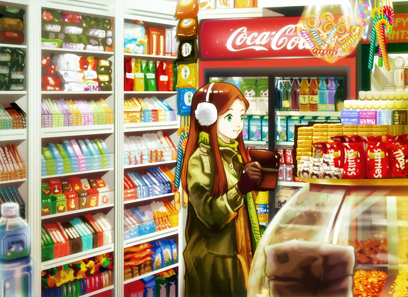 1girl, candy, coat, coca-cola, convenience_store, derivative_work, earmuffs, gloves
