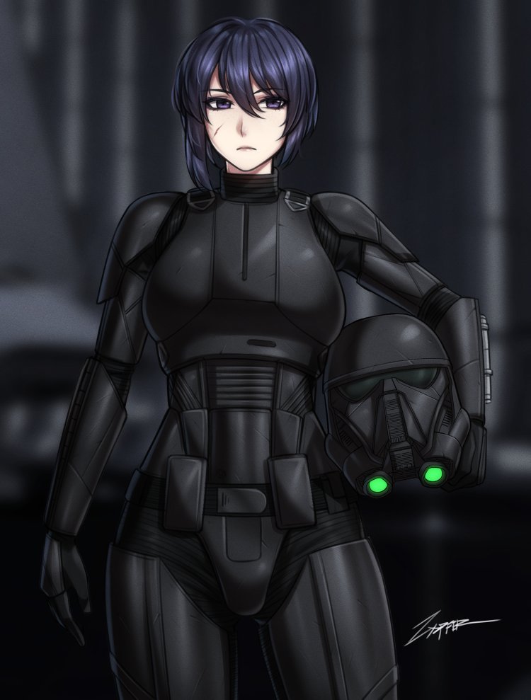 1girl, black_bodysuit, black_headwear, blurry, blurry_background, bodysuit, carrying, carrying_under_arm, closed_mouth, commentary, deathtrooper, depth_of_field, english_commentary, hair_between_eyes, headwear_removed, helm, helmet, helmet_removed, purple_hair, scar, scar_on_cheek, scar_on_face, signature, solo, standing, star_wars, violet_eyes, zxpfer