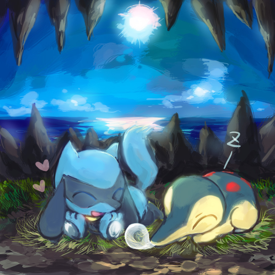 closed_eyes, cyndaquil, nature, night, no_fire, no_humans, nose_bubble, okuchichibu, open_mouth, pokemon, pokemon_(creature), pokemon_mystery_dungeon, riolu, sleeping, smile, z