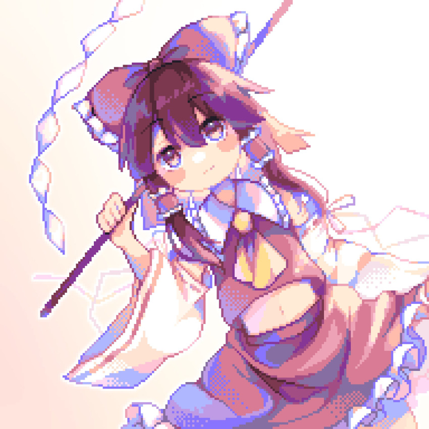 blush_stickers, bow, brown_eyes, brown_hair, collared_shirt, commentary_request, detached_sleeves, frilled_shirt_collar