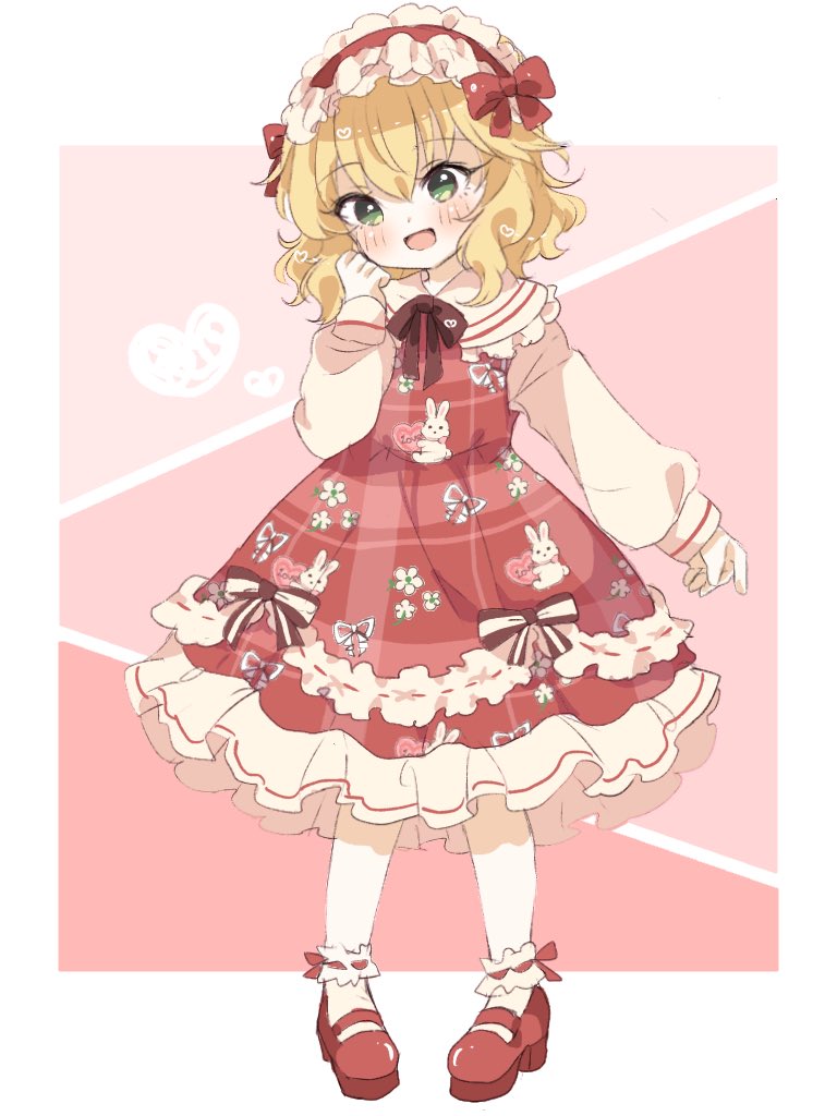 1girl, animal_print, blonde_hair, blush, breasts, dress, floral_print, frilled_dress, frills, green_eyes, hair_ribbon, headdress, heart, heart_background, idolmaster, idolmaster_cinderella_girls, idolmaster_cinderella_girls_starlight_stage, idolmaster_cinderella_girls_u149, long_sleeves, looking_down, mary_janes, open_mouth, pantyhose, pink_background, plaid, plaid_dress, rabbit_print, red_dress, red_ribbon, remiri_nicoeli, ribbon, sakurai_momoka, shoes, short_hair, small_breasts, smile, solo, white_pantyhose