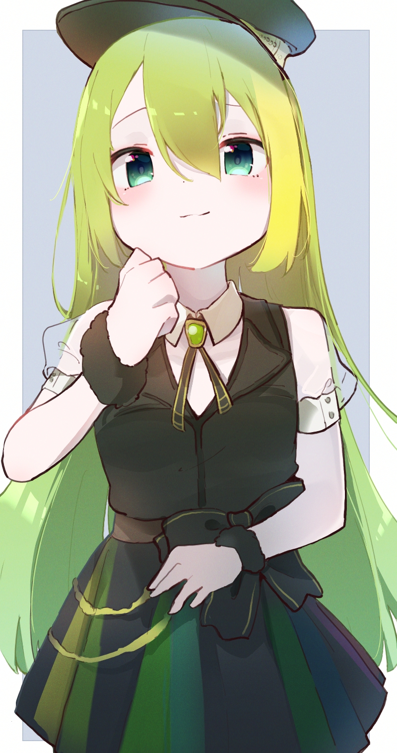 1girl, alina_gray, aqua_eyes, black_bow, black_headwear, black_necktie, black_vest, blonde_hair, blush, bow, brooch, chain, closed_mouth, collar, cross_tie, detached_collar, fur_cuffs, gem, green_gemstone, green_hair, hair_between_eyes, hat, highres, jewelry, kashi_neko, long_hair, looking_at_viewer, magia_record:_mahou_shoujo_madoka_magica_gaiden, magical_girl, mahou_shoujo_madoka_magica, multicolored_clothes, multicolored_hair, multicolored_skirt, necktie, peaked_cap, pleated_skirt, puffy_short_sleeves, puffy_sleeves, see-through, see-through_sleeves, short_sleeves, sidelocks, skirt, sleeve_cuffs, smile, solo, straight_hair, streaked_hair, striped, striped_skirt, v-neck, vertical-striped_skirt, vertical_stripes, very_long_hair, vest, waist_bow, white_collar, white_sleeves