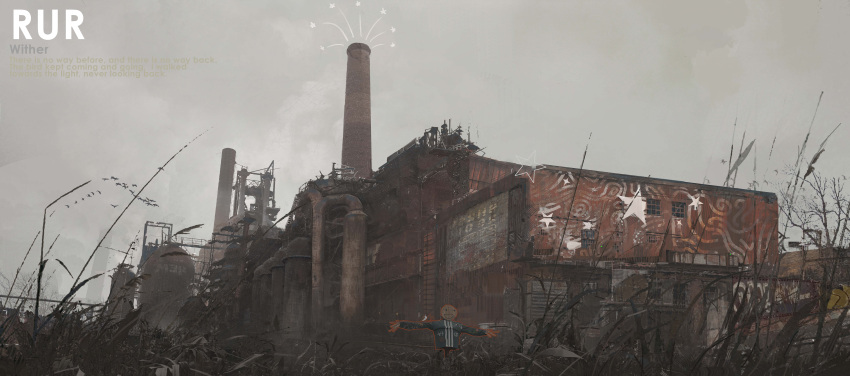 absurdres, building, clouds, cloudy_sky, english_text, euroroyan, factory, grass