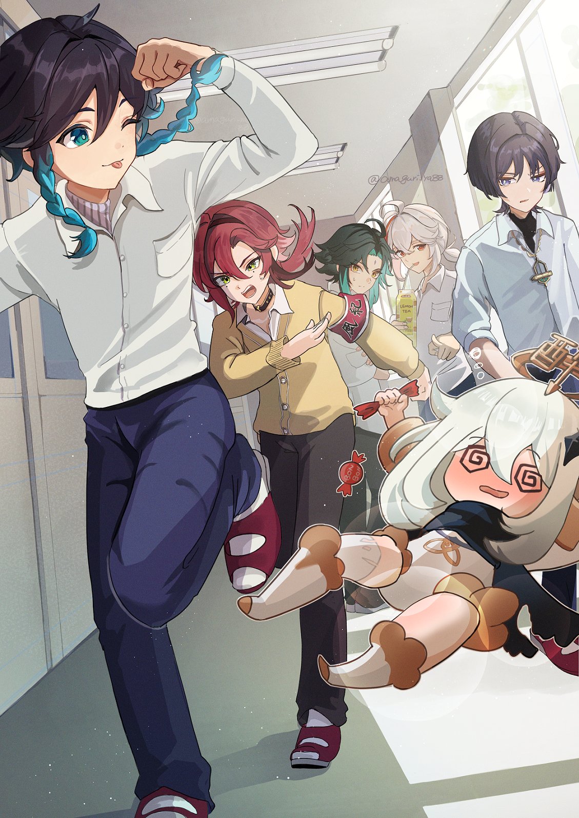 5boys, @_@, alternate_costume, amaguri_ya, aqua_eyes, black_hair, black_pants, blue_hair