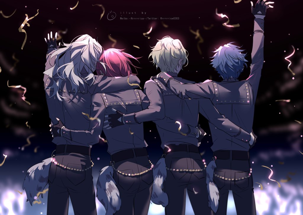 4boys, arm_around_neck, black_gloves, blue_hair, commentary, confetti, dark_blue_hair, eden_(ensemble_stars!)